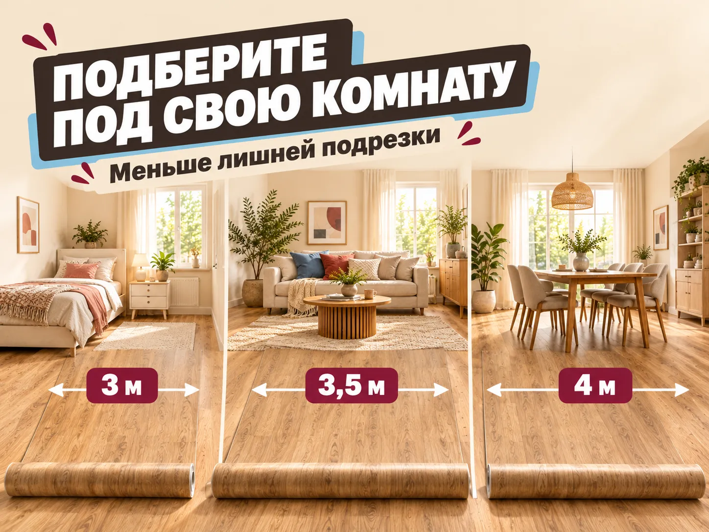 Подберите линолеум под свою комнату: ширины 3 м, 3,5 м и 4 м