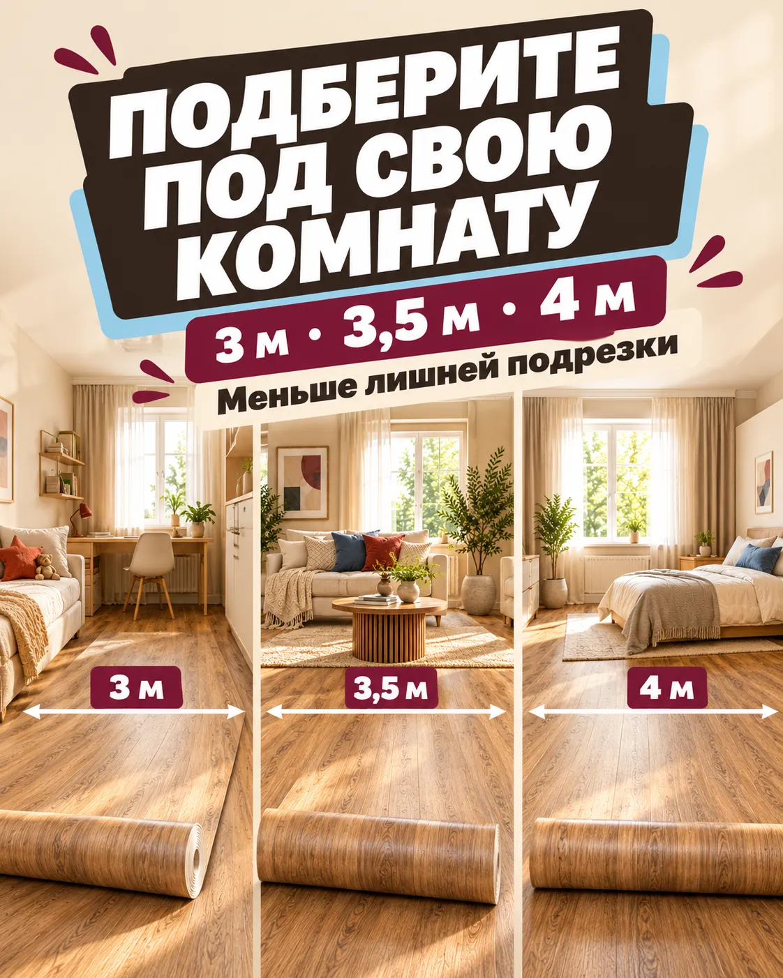 Подберите линолеум под свою комнату: ширины 3 м, 3,5 м и 4 м