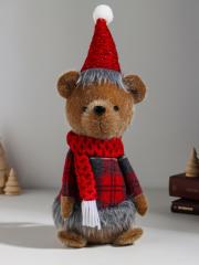 Кукла интерьерная текстильная «Мишка в колпаке с мехом и шарфе», 15×11×36 см в строительных магазинах СтройГрад