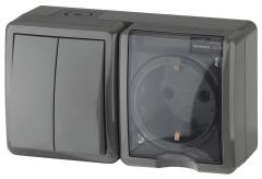 Блок розетка+выключатель двойной ЭРА IP54 16AX(10AX)-250В ОУ серый /8 11-7402-03