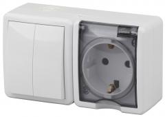 Блок розетка+выключатель двойной ЭРА IP54 16AX(10AX)-250В ОУ белый /8 11-7402-01