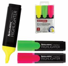 Набор текстовыделителей BRAUBERG 3 шт., АССОРТИ, ˮContractˮ, линия 1-5 мм, 150395 в строительных магазинах СтройГрад