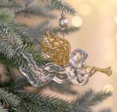 Ёлочная игрушка «Зимнее волшебство. Ангел с трубой», 14×8 см, прозрачно-золотой в строительных магазинах СтройГрад