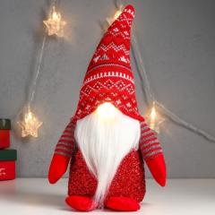 Кукла интерьерная свет Дед Мороз светящийся нос, в красном колпаке с узорами 33х17х12 см