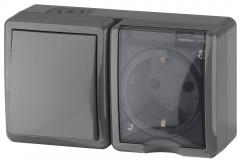 Блок розетка+выключатель ЭРА IP54 16AX(10AX)-250В ОУ серый /8 11-7401-03