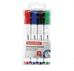 Маркеры стираемые для белой доски НАБОР 4 ЦВЕТА, BRAUBERG ˮCLASSICˮ, 3 мм, с клипом, 152117 в строительных магазинах СтройГрад