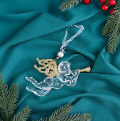 Ёлочная игрушка «Зимнее волшебство. Ангел с трубой», 14×8 см, прозрачно-золотой в строительных магазинах СтройГрад